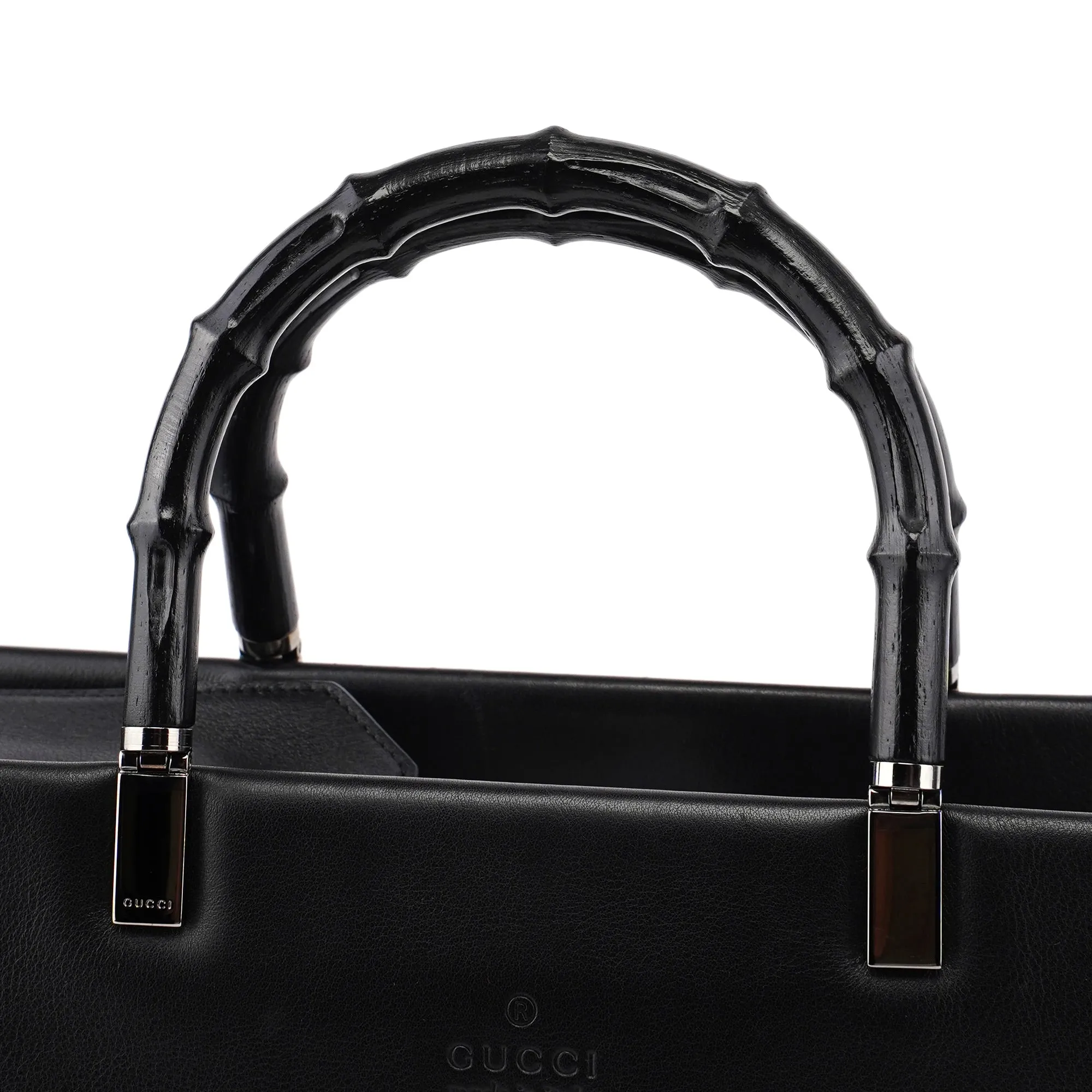 002 1033 Black Leather Bamboo 2-Way Tote Bag