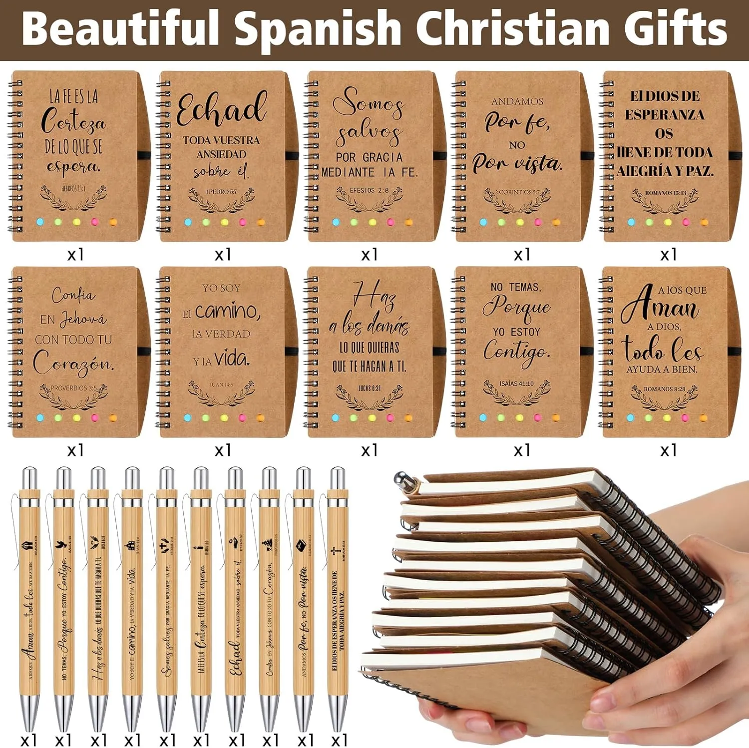10 Set Spanish Christian Gifts Bulk Religious Notebooks with Bible Verse Pens,Inspirational Spiral Prayer Journal and Pen Set Church Gifts for Women Men Sunday Church Party (Kraft)