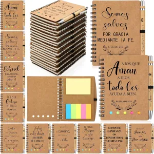 10 Set Spanish Christian Gifts Bulk Religious Notebooks with Bible Verse Pens,Inspirational Spiral Prayer Journal and Pen Set Church Gifts for Women Men Sunday Church Party (Kraft)