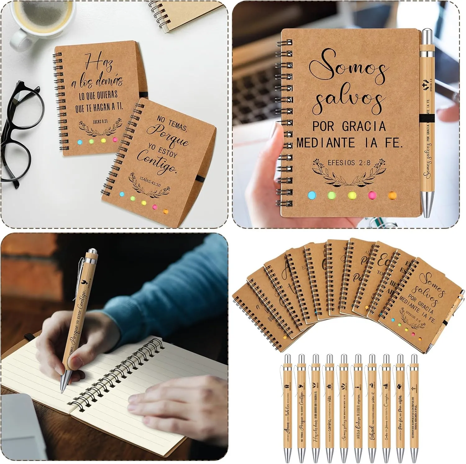10 Set Spanish Christian Gifts Bulk Religious Notebooks with Bible Verse Pens,Inspirational Spiral Prayer Journal and Pen Set Church Gifts for Women Men Sunday Church Party (Kraft)