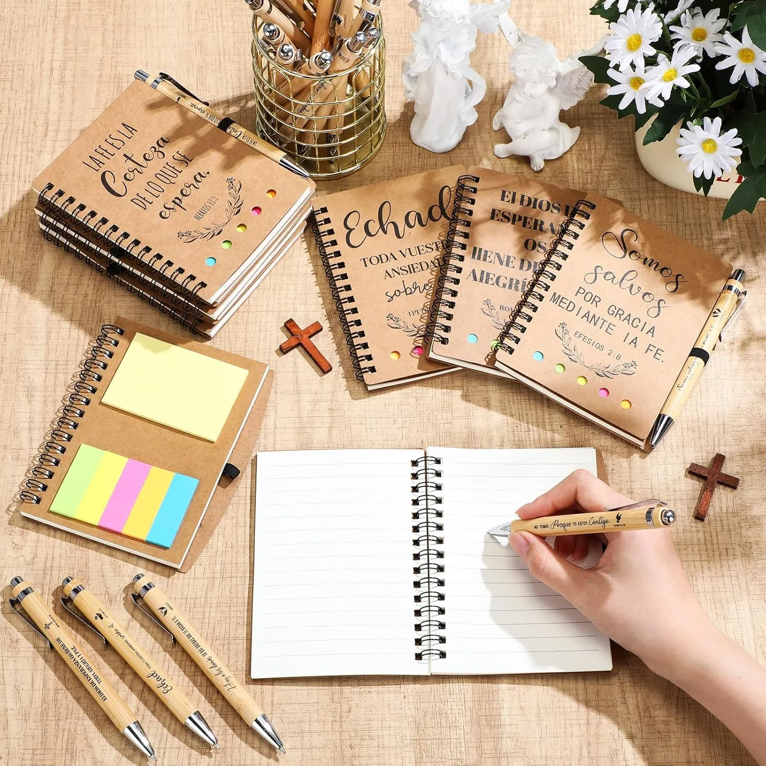10 Set Spanish Christian Gifts Bulk Religious Notebooks with Bible Verse Pens,Inspirational Spiral Prayer Journal and Pen Set Church Gifts for Women Men Sunday Church Party (Kraft)