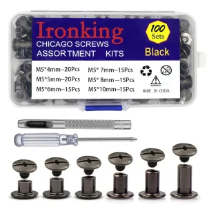 100Sets M5 Leather Chicago Screws Assorted Metal Leather Fasteners Buttons Screw Rivets， for Leather Craft Decorate and Repair Belts Bags Shoes Purse (Gunmetal Black, M5*4,5,6,7,8,10)