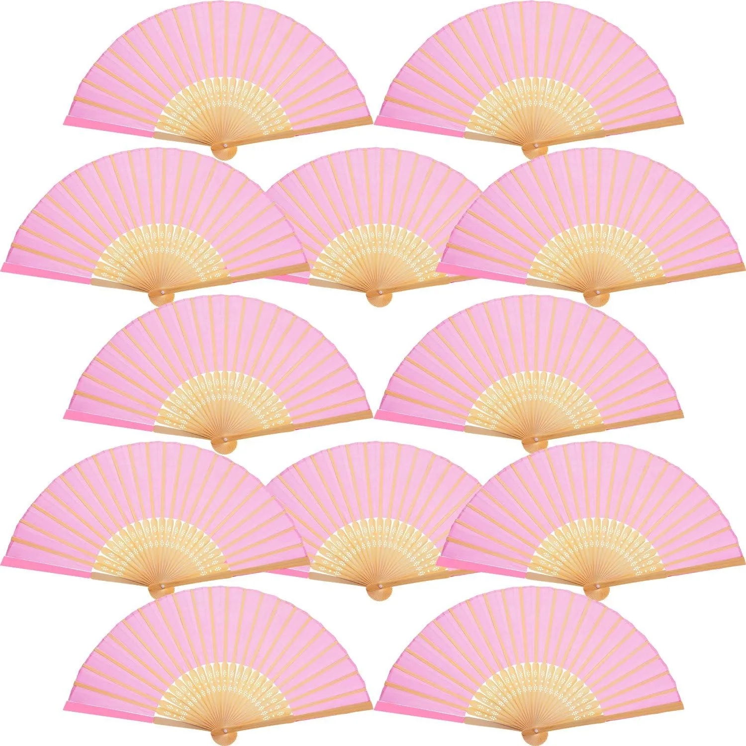 12 Pack Hand Held Fans Silk Bamboo Folding Fans for Church Wedding Gift, Party Favors, DIY Decoration (Pink)