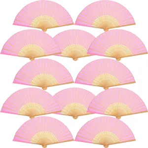12 Pack Hand Held Fans Silk Bamboo Folding Fans for Church Wedding Gift, Party Favors, DIY Decoration (Pink)