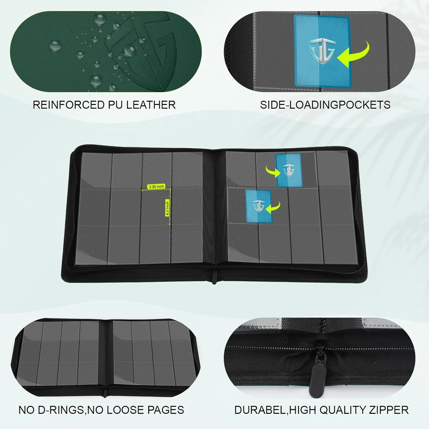 12 Pockets Trading Card Zipper Binder for 720 Cards| Secure Side Loading Pockets | Trading Card Album Folder | Compatible with YuGiOh, MTG (Dark Green 12)
