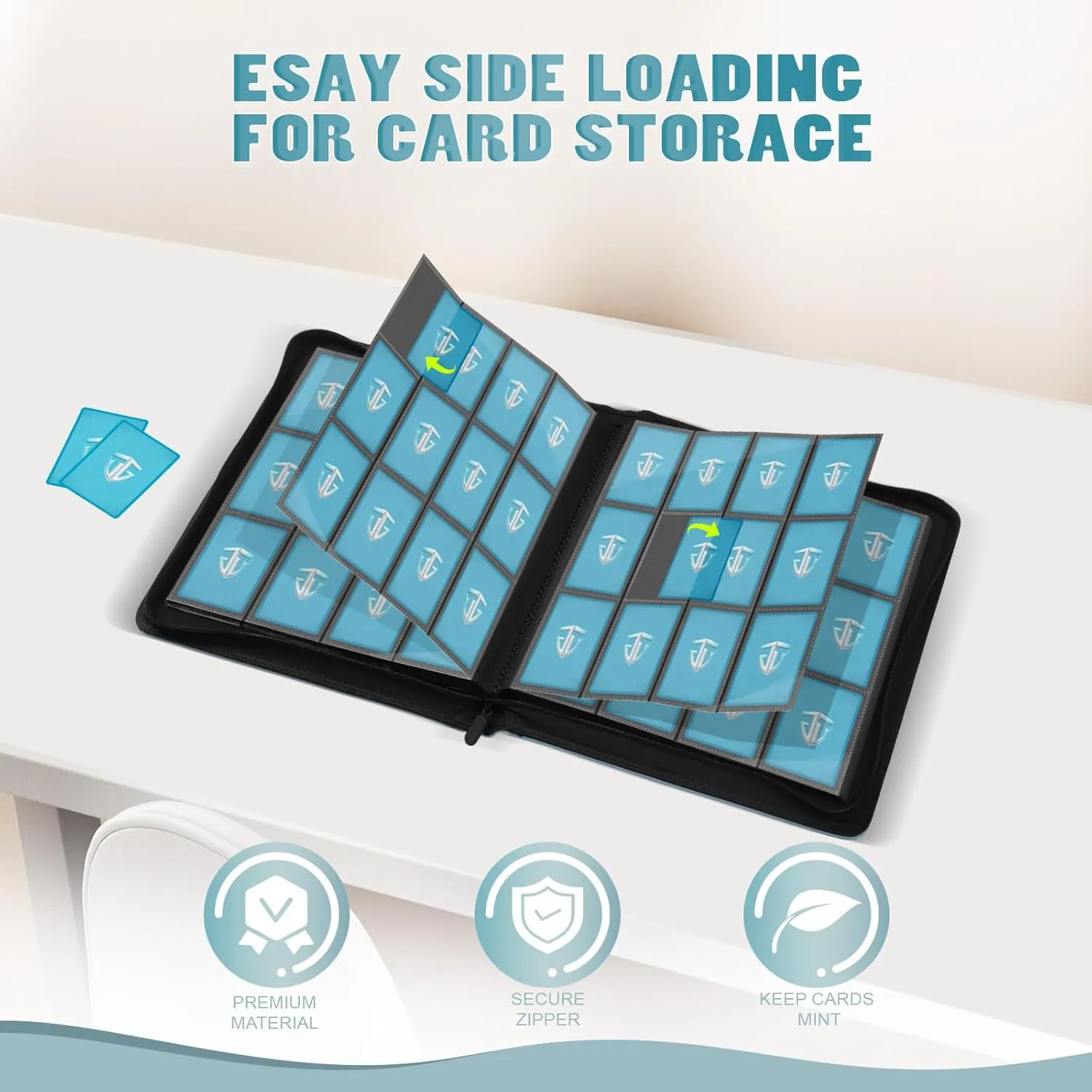 12 Pockets Trading Card Zipper Binder for 720 Cards| Secure Side Loading Pockets | Trading Card Album Folder | Compatible with YuGiOh, MTG,Sports Cards (Blue 12)