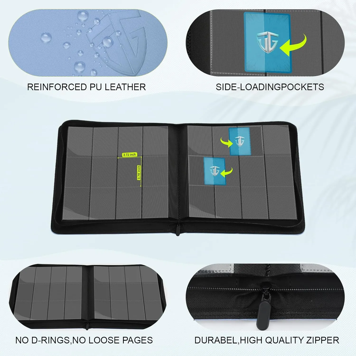 12 Pockets Trading Card Zipper Binder for 720 Cards| Secure Side Loading Pockets | Trading Card Album Folder | Compatible with YuGiOh, MTG,Sports Cards (Blue 12)