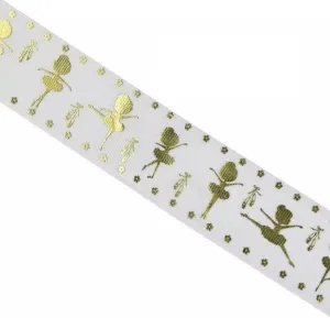 1.5 inch Grosgrain Ribbon Gold Foil Ballerina Dancing, Shoe and Flower On White Printed are for Hair Bows Crafts Gifts and More. Zero Shipping. First Class. (5 Yards)
