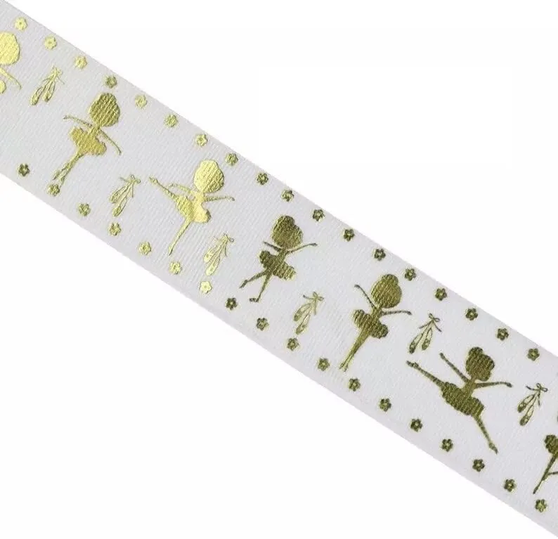1.5 inch Grosgrain Ribbon Gold Foil Ballerina Dancing, Shoe and Flower On White Printed are for Hair Bows Crafts Gifts and More. Zero Shipping. First Class. (5 Yards)