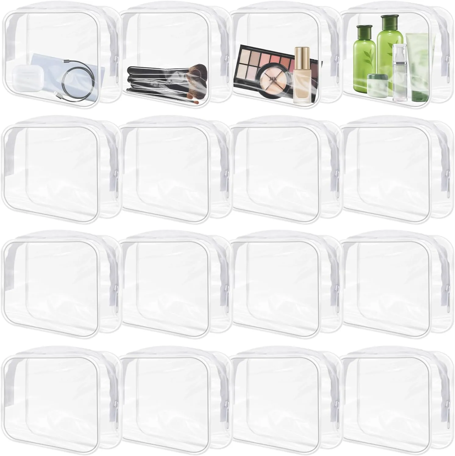 16 Pack Clear Makeup Bags Bulk, TSA Approved Toiletry Bags Travel Pouch, Waterproof PVC Plastic Small Clear Cosmetic Bags with Zipper for Organizing (White Border)