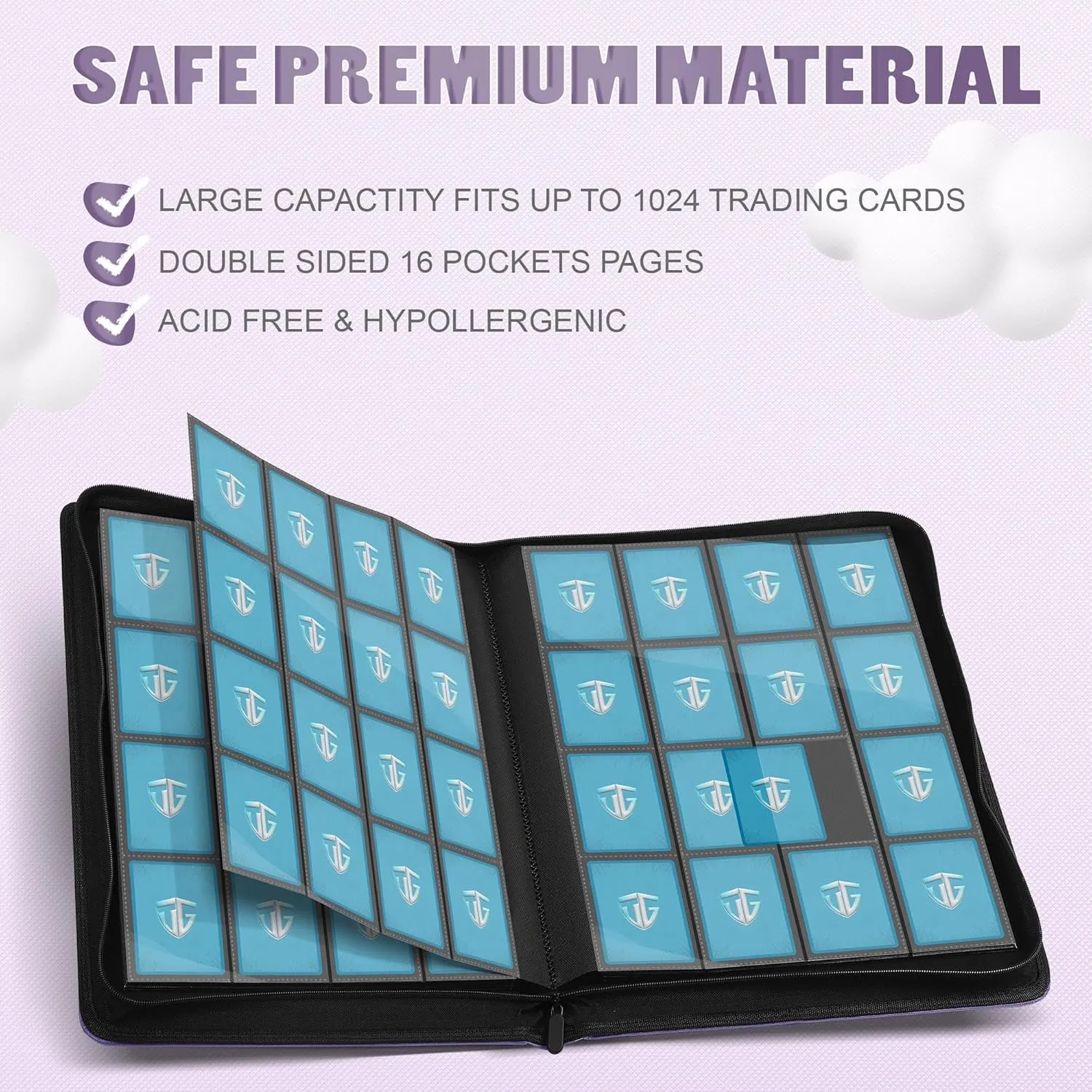 16 Pockets Trading Card Zipper Binder for 1000  Cards| Secure Side Loading Pockets | Trading Card Album Folder | Compatible with YuGiOh, MTG,Sports Cards (Purple 16)
