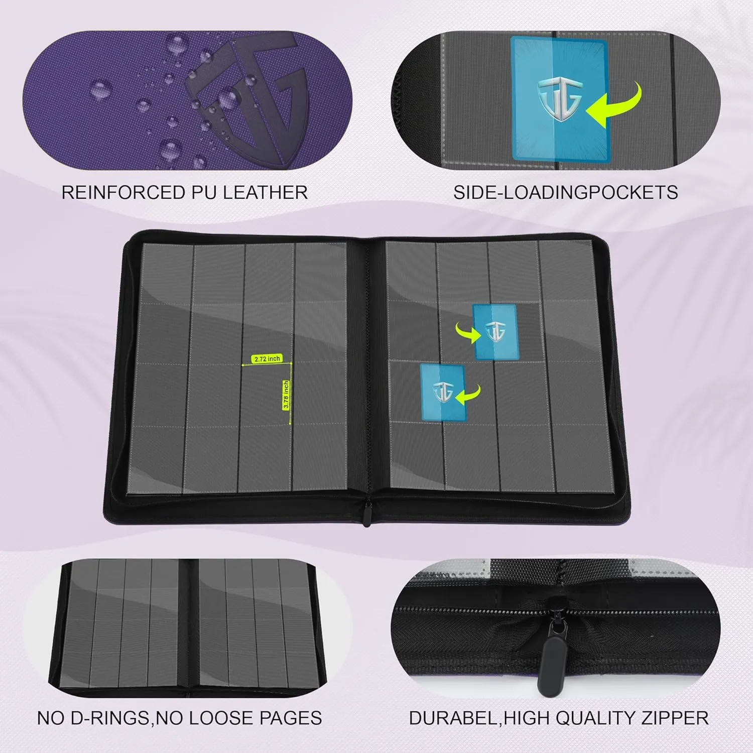 16 Pockets Trading Card Zipper Binder for 1000  Cards| Secure Side Loading Pockets | Trading Card Album Folder | Compatible with YuGiOh, MTG,Sports Cards (Purple 16)