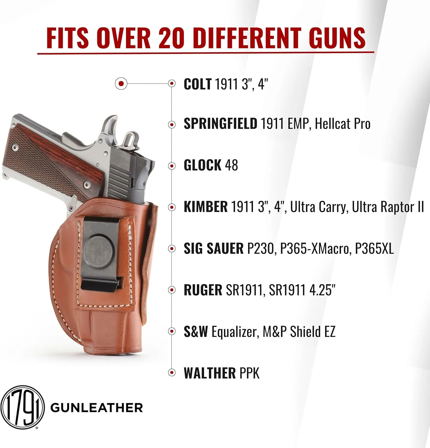 1791 GunLeather 4-Way 1911 Holster - OWB and IWB CCW Leather Gun Holster - Right Handed - Fits All 3 and 4 inch 1911 Models SIG, COLT, Kimber, Ruger, Browning, Taurus