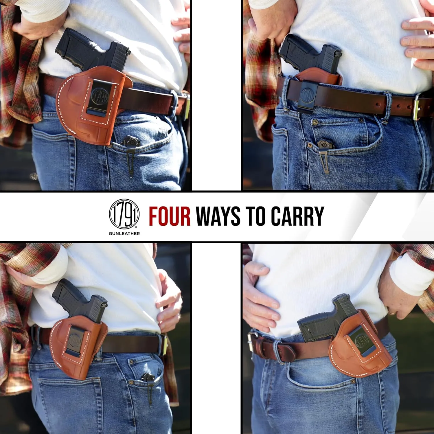1791 GunLeather 4-Way 1911 Holster - OWB and IWB CCW Leather Gun Holster - Right Handed - Fits All 3 and 4 inch 1911 Models SIG, COLT, Kimber, Ruger, Browning, Taurus