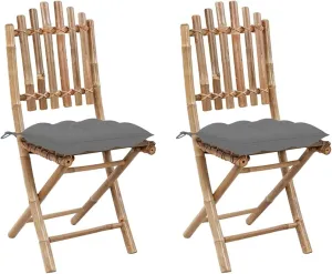 2-Pack Bamboo Folding Patio Chairs with Gray Cushions, Outdoor Dining Chairs Weather-Resistant Foldable Furniture for Garden Poolside Camping