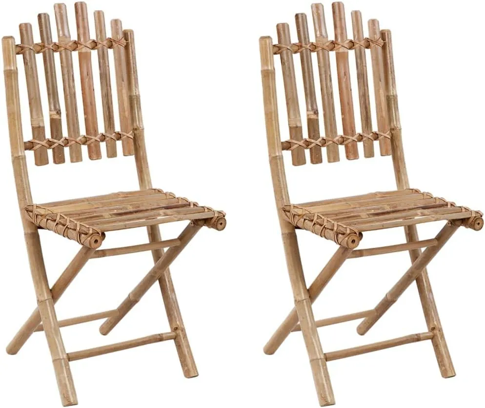 2-Pack Bamboo Folding Patio Chairs with Gray Cushions, Outdoor Dining Chairs Weather-Resistant Foldable Furniture for Garden Poolside Camping