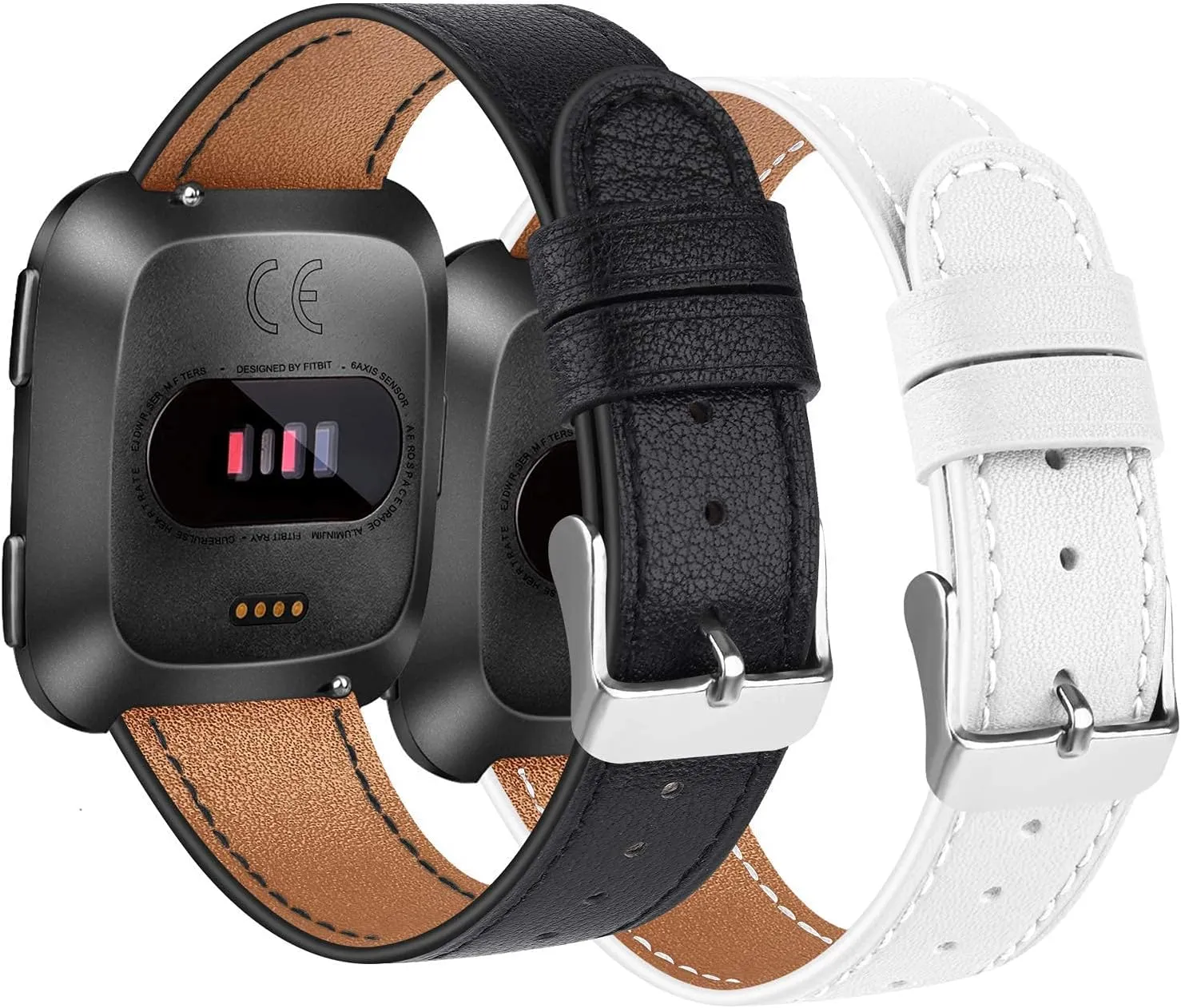 2 Pack Leather Bands Compatible with Fit bit Versa 2, Versa SE, Versa Lite Wristbands Fitness Smart Watch, Soft Replacement Leather Strap Bands for Women & Men
