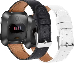 2 Pack Leather Bands Compatible with Fit bit Versa 2, Versa SE, Versa Lite Wristbands Fitness Smart Watch, Soft Replacement Leather Strap Bands for Women & Men