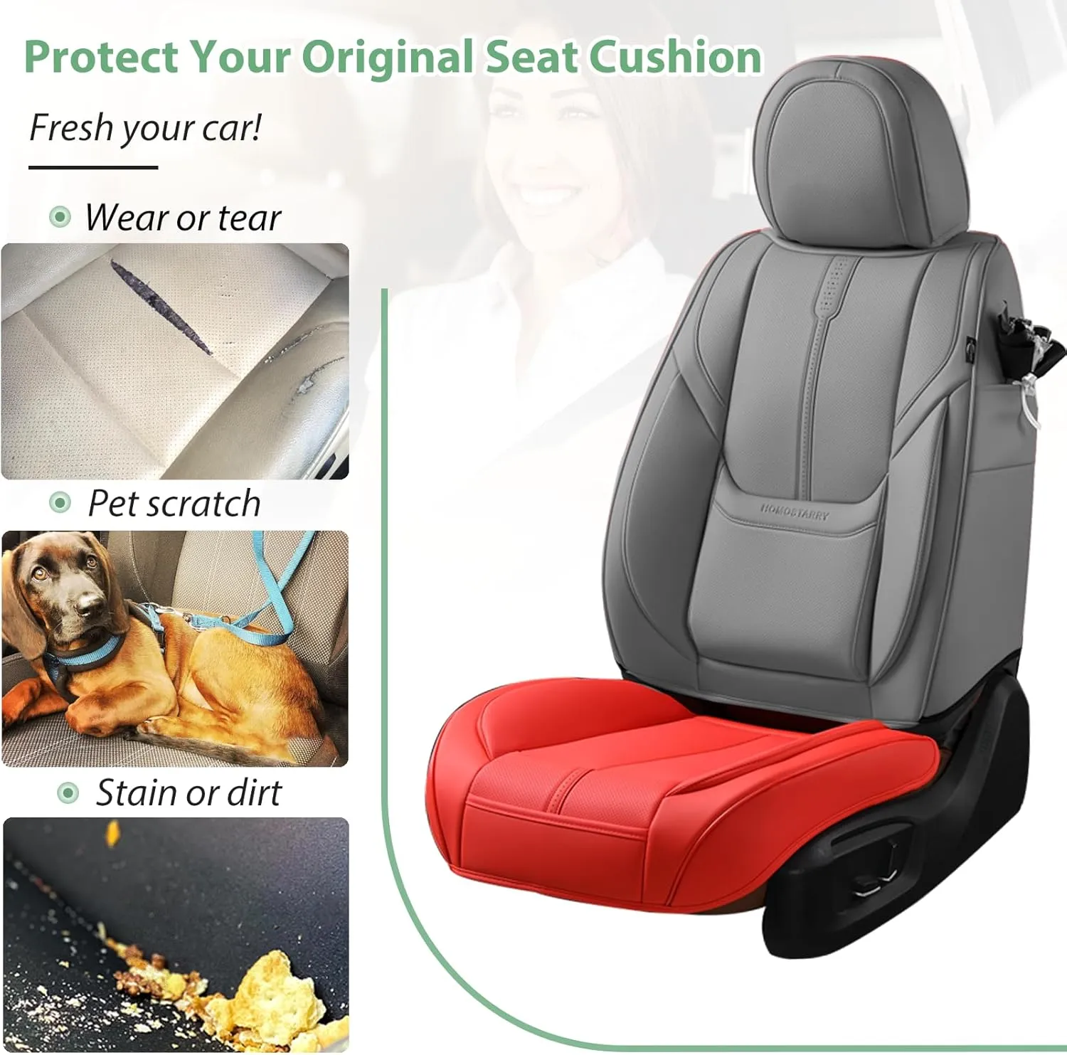 2 Pack Leather Front Car Seat Cover Bottom Only, Anti-Slip Padded Seat Cushion, Full Wrap Seat Protector with Storage Function Universal Fit for Most Cars, SUV, Pick-up Trucks (Red)