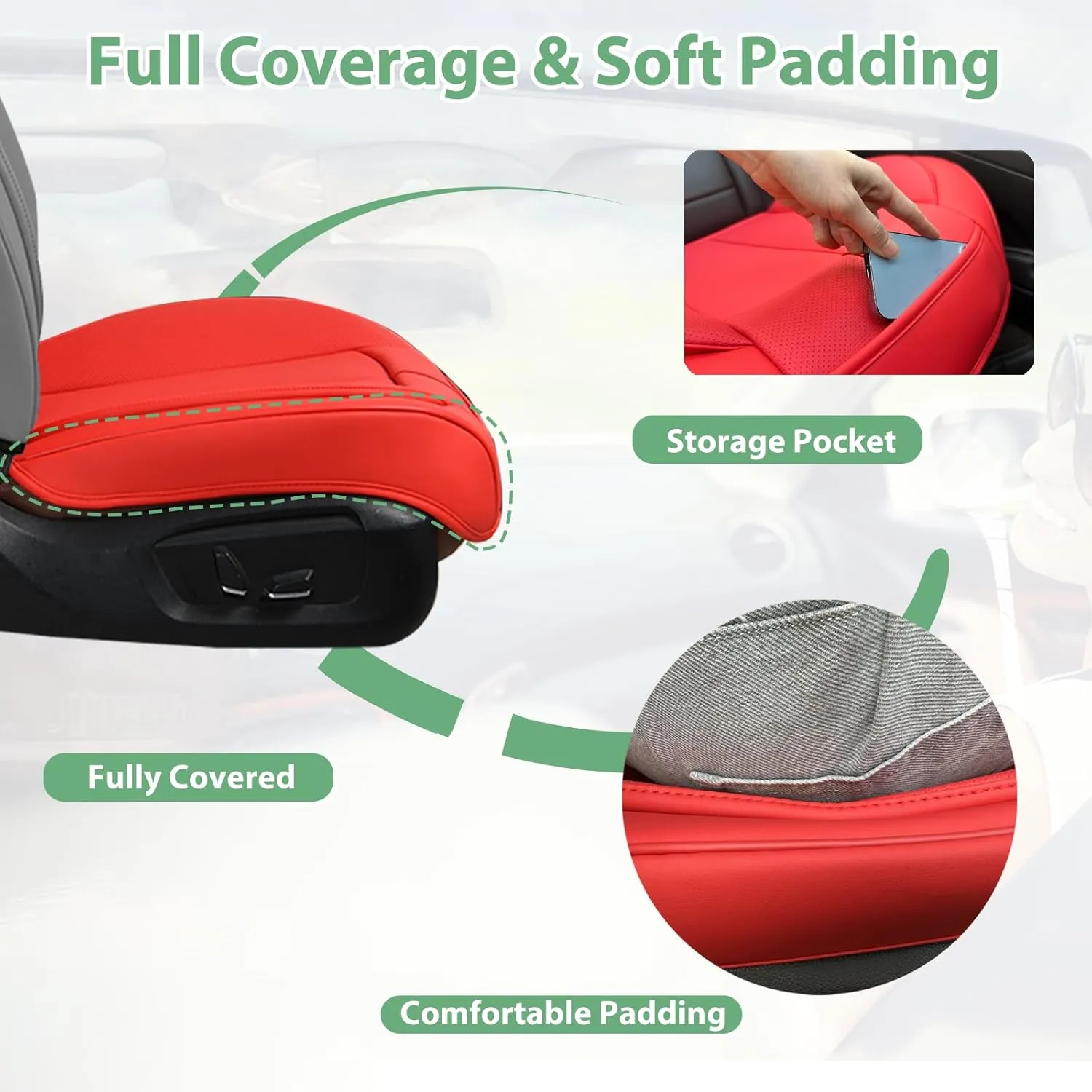 2 Pack Leather Front Car Seat Cover Bottom Only, Anti-Slip Padded Seat Cushion, Full Wrap Seat Protector with Storage Function Universal Fit for Most Cars, SUV, Pick-up Trucks (Red)