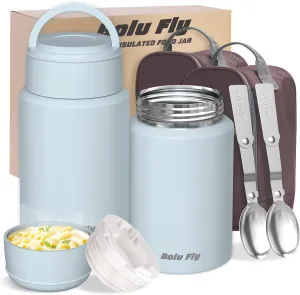 2 Pack Soup Thermo for Hot & Cold Food for Adults, Insulated Food Jar, Stainless Steel Vacuum Thermal Lunch Box Containers with Carry Bag and Spoon (18.5oz, 27oz) (Blue)