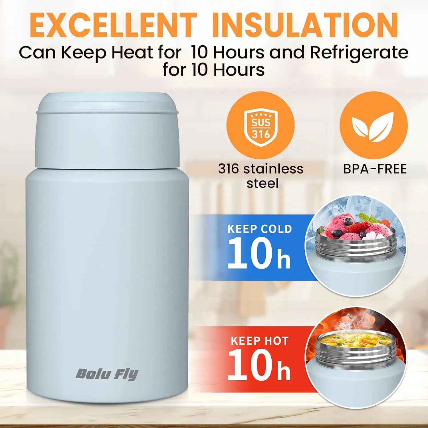 2 Pack Soup Thermo for Hot & Cold Food for Adults, Insulated Food Jar, Stainless Steel Vacuum Thermal Lunch Box Containers with Carry Bag and Spoon (18.5oz, 27oz) (Blue)