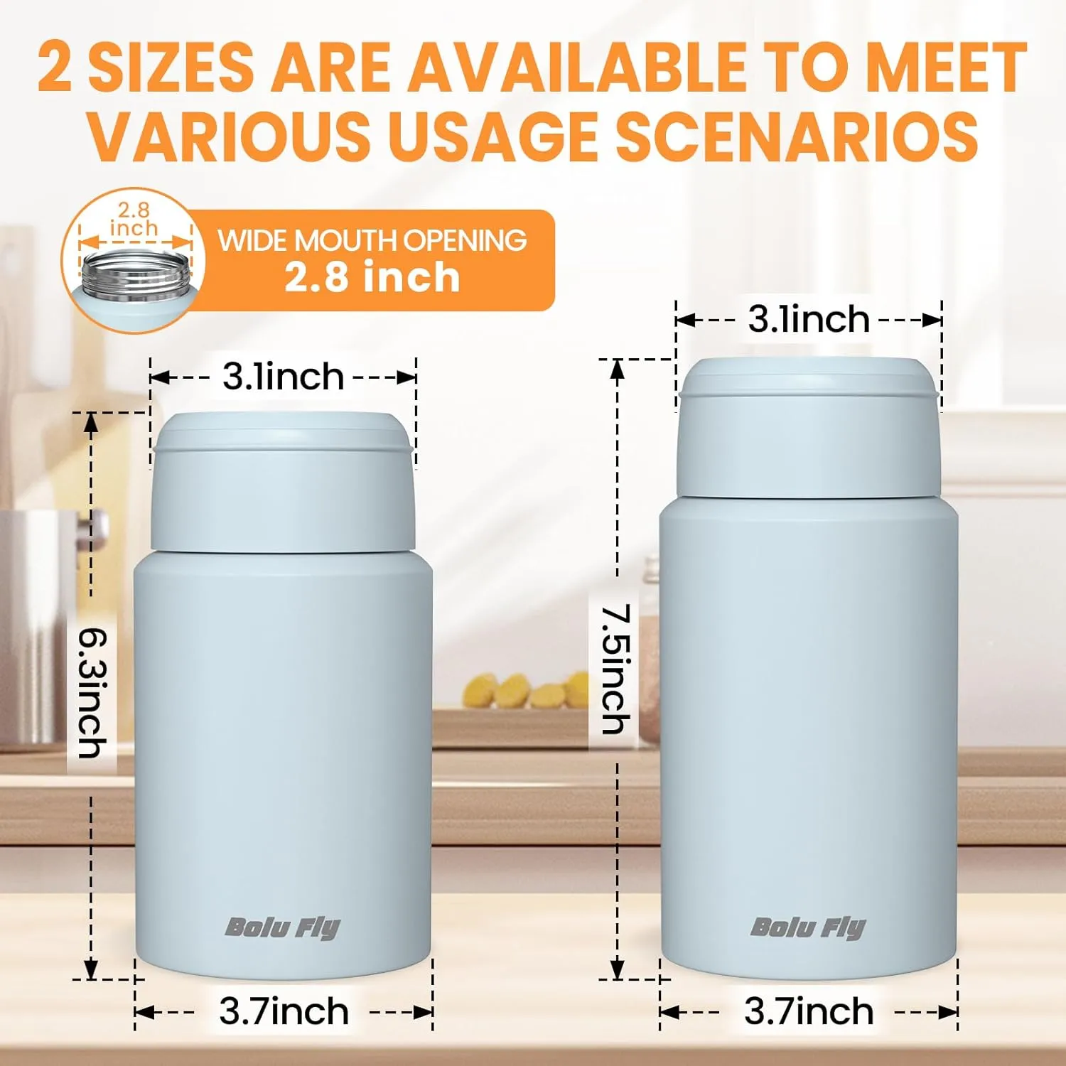 2 Pack Soup Thermo for Hot & Cold Food for Adults, Insulated Food Jar, Stainless Steel Vacuum Thermal Lunch Box Containers with Carry Bag and Spoon (18.5oz, 27oz) (Blue)