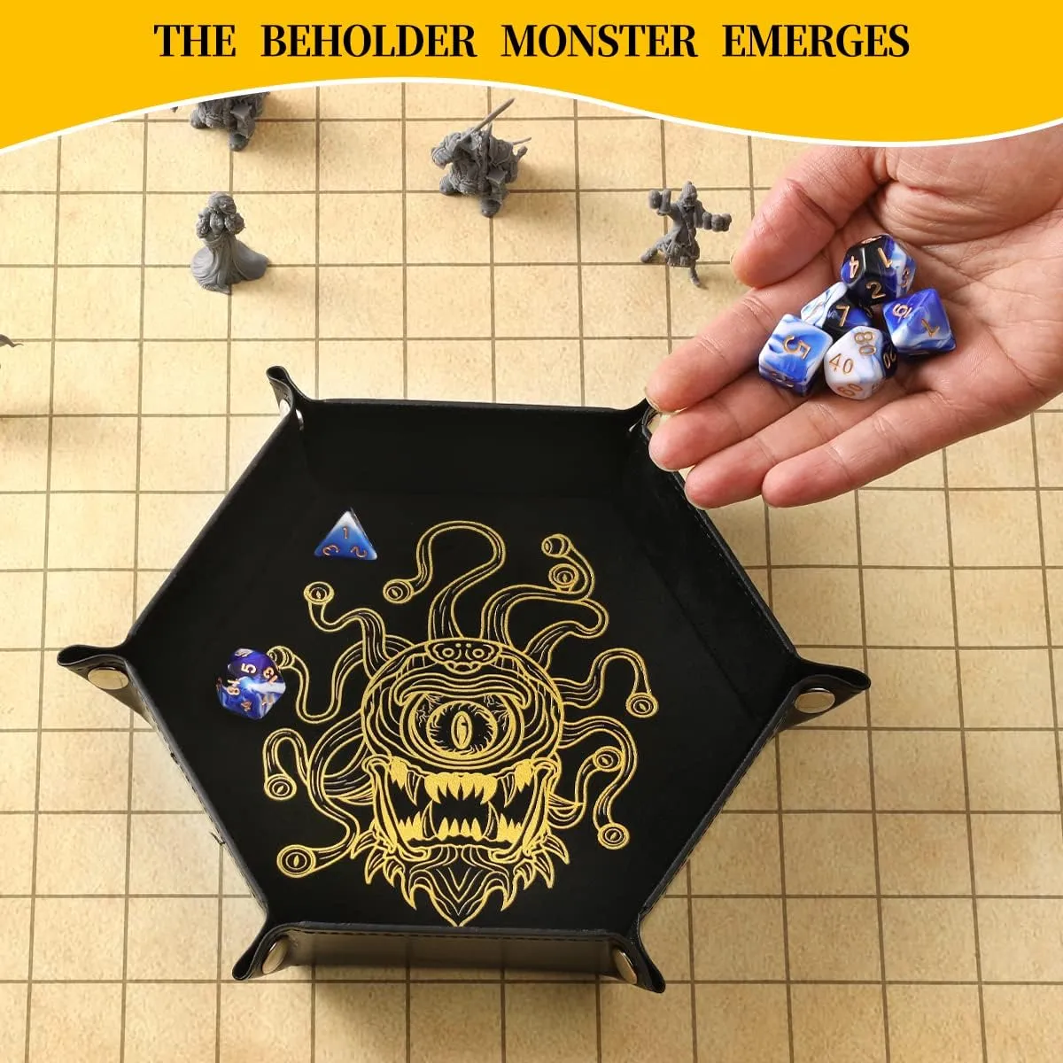 2 Pcs Portable Folding Dice Rolling Tray Set for RPG DND Table Games - PU Leather and Velvet Holder Storage Box - Beholder
