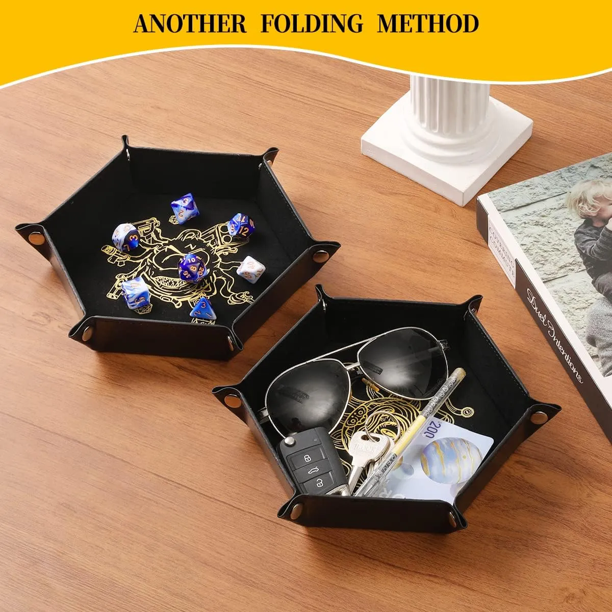 2 Pcs Portable Folding Dice Rolling Tray Set for RPG DND Table Games - PU Leather and Velvet Holder Storage Box - Beholder