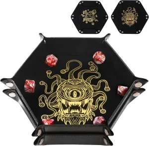 2 Pcs Portable Folding Dice Rolling Tray Set for RPG DND Table Games - PU Leather and Velvet Holder Storage Box - Beholder