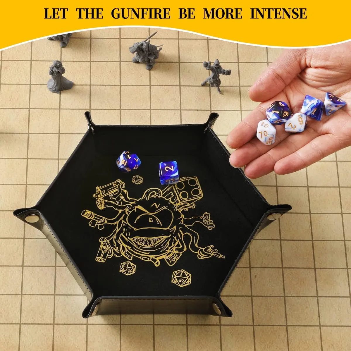 2 Pcs Portable Folding Dice Rolling Tray Set for RPG DND Table Games - PU Leather and Velvet Holder Storage Box - Beholder