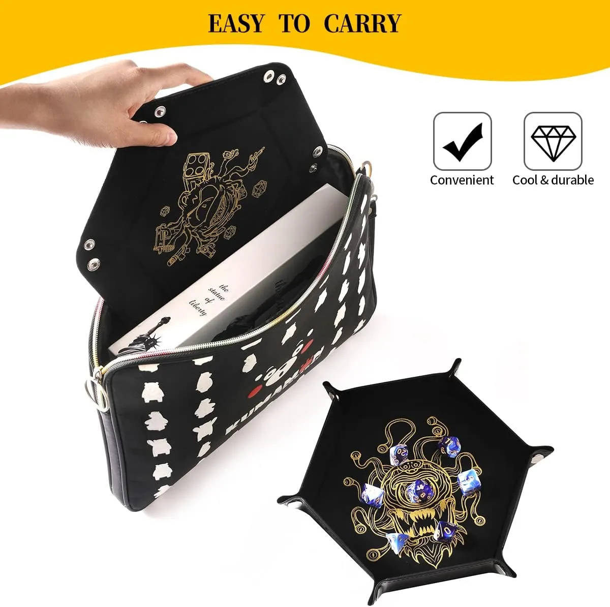 2 Pcs Portable Folding Dice Rolling Tray Set for RPG DND Table Games - PU Leather and Velvet Holder Storage Box - Beholder