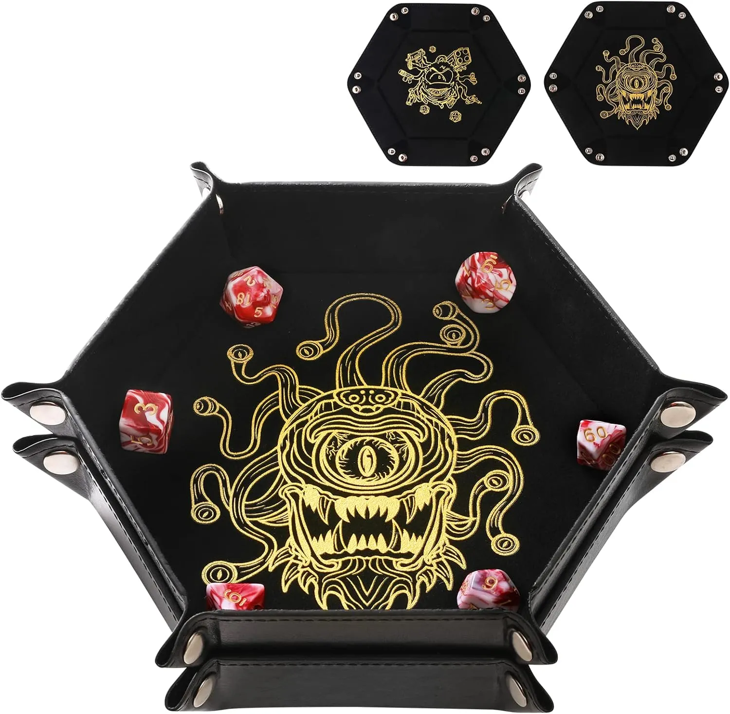 2 Pcs Portable Folding Dice Rolling Tray Set for RPG DND Table Games - PU Leather and Velvet Holder Storage Box - Beholder
