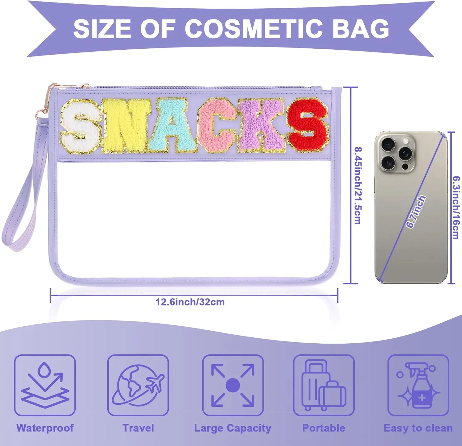 2 PCS Snack Bags Clear Pouch Travel Makeup Bag Chenille Letter Bags for Zipper Pouch Clear Cosmetic Bag Clear Tote Bag Makeup Travel Bag for Women Girls (Green Purple)