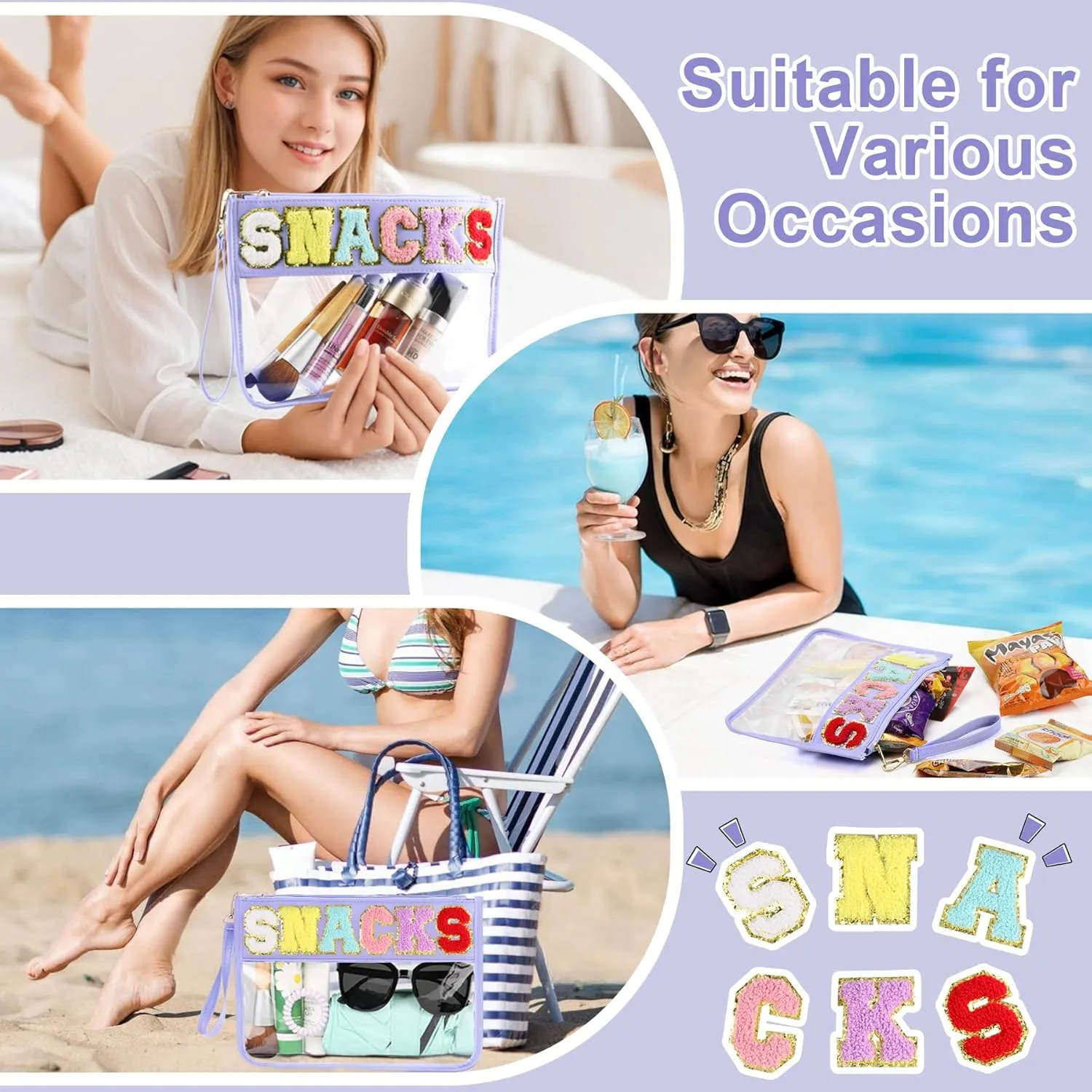 2 PCS Snack Bags Clear Pouch Travel Makeup Bag Chenille Letter Bags for Zipper Pouch Clear Cosmetic Bag Clear Tote Bag Makeup Travel Bag for Women Girls (Green Purple)