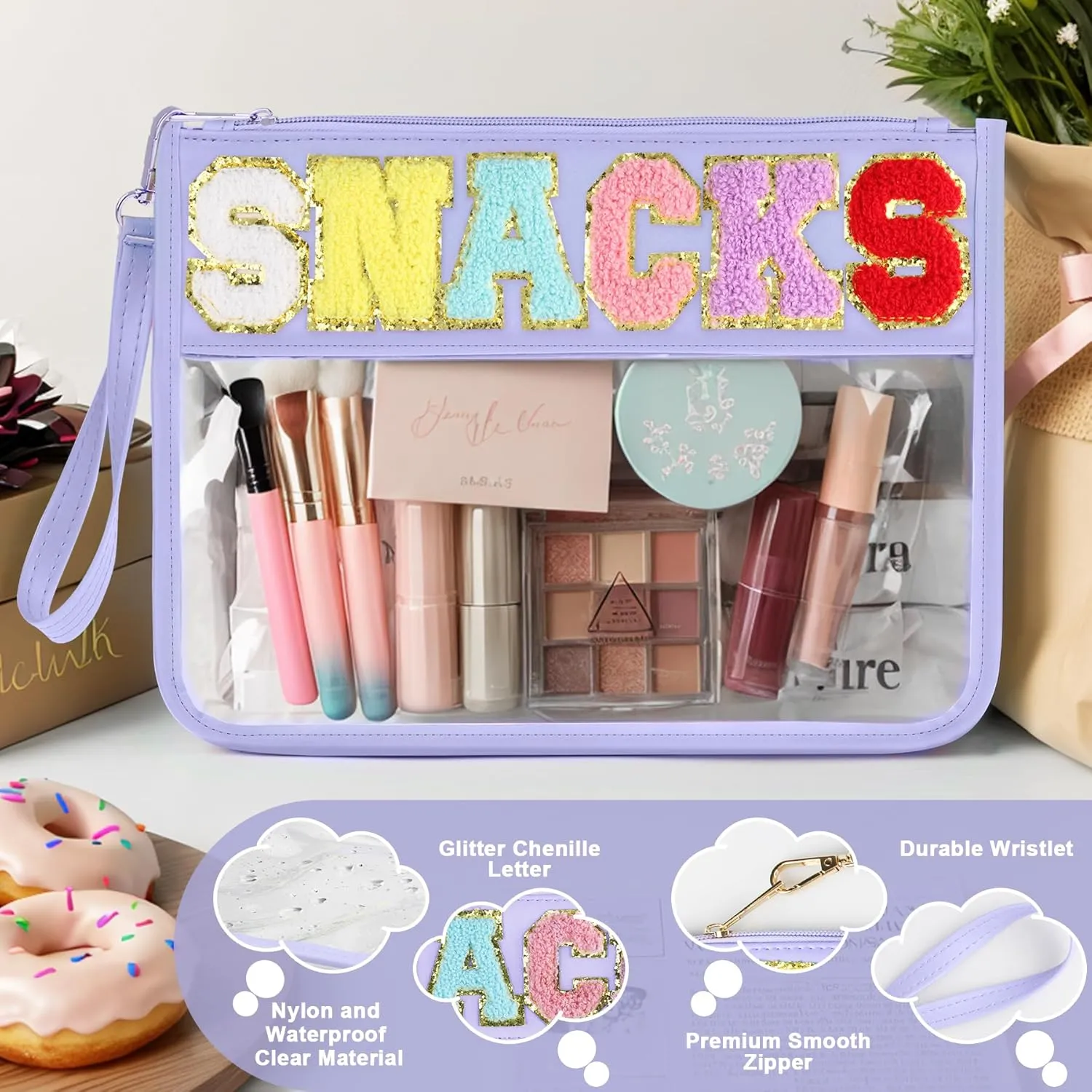 2 PCS Snack Bags Clear Pouch Travel Makeup Bag Chenille Letter Bags for Zipper Pouch Clear Cosmetic Bag Clear Tote Bag Makeup Travel Bag for Women Girls (Green Purple)