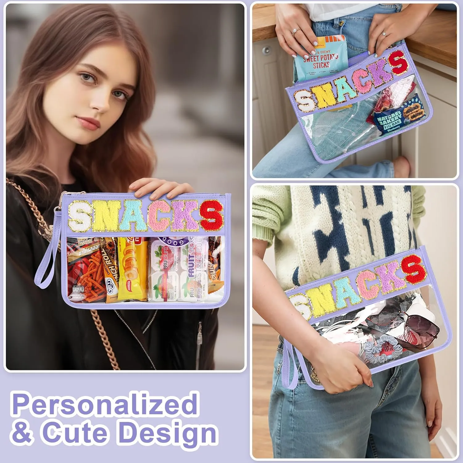 2 PCS Snack Bags Clear Pouch Travel Makeup Bag Chenille Letter Bags for Zipper Pouch Clear Cosmetic Bag Clear Tote Bag Makeup Travel Bag for Women Girls (Green Purple)