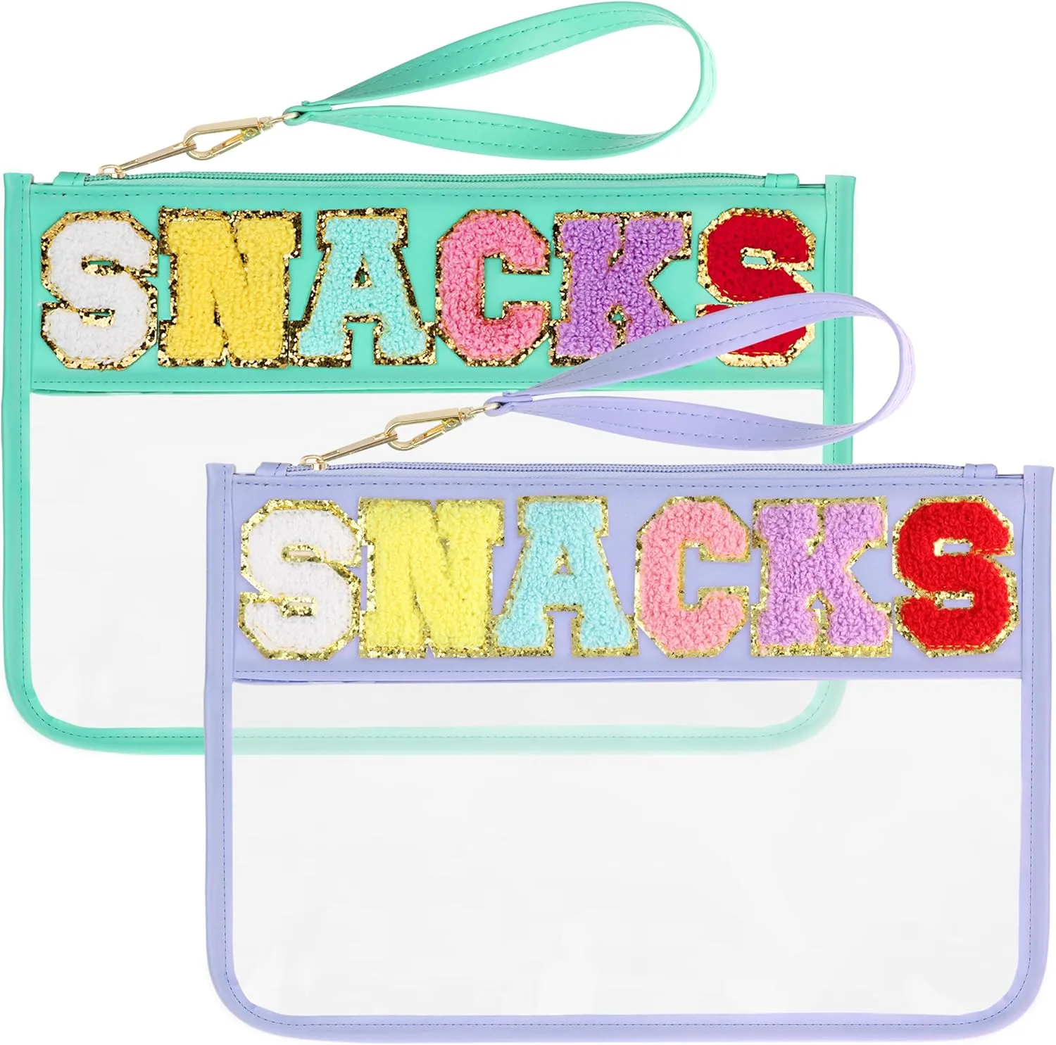 2 PCS Snack Bags Clear Pouch Travel Makeup Bag Chenille Letter Bags for Zipper Pouch Clear Cosmetic Bag Clear Tote Bag Makeup Travel Bag for Women Girls (Green Purple)