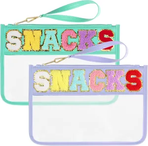 2 PCS Snack Bags Clear Pouch Travel Makeup Bag Chenille Letter Bags for Zipper Pouch Clear Cosmetic Bag Clear Tote Bag Makeup Travel Bag for Women Girls (Green Purple)