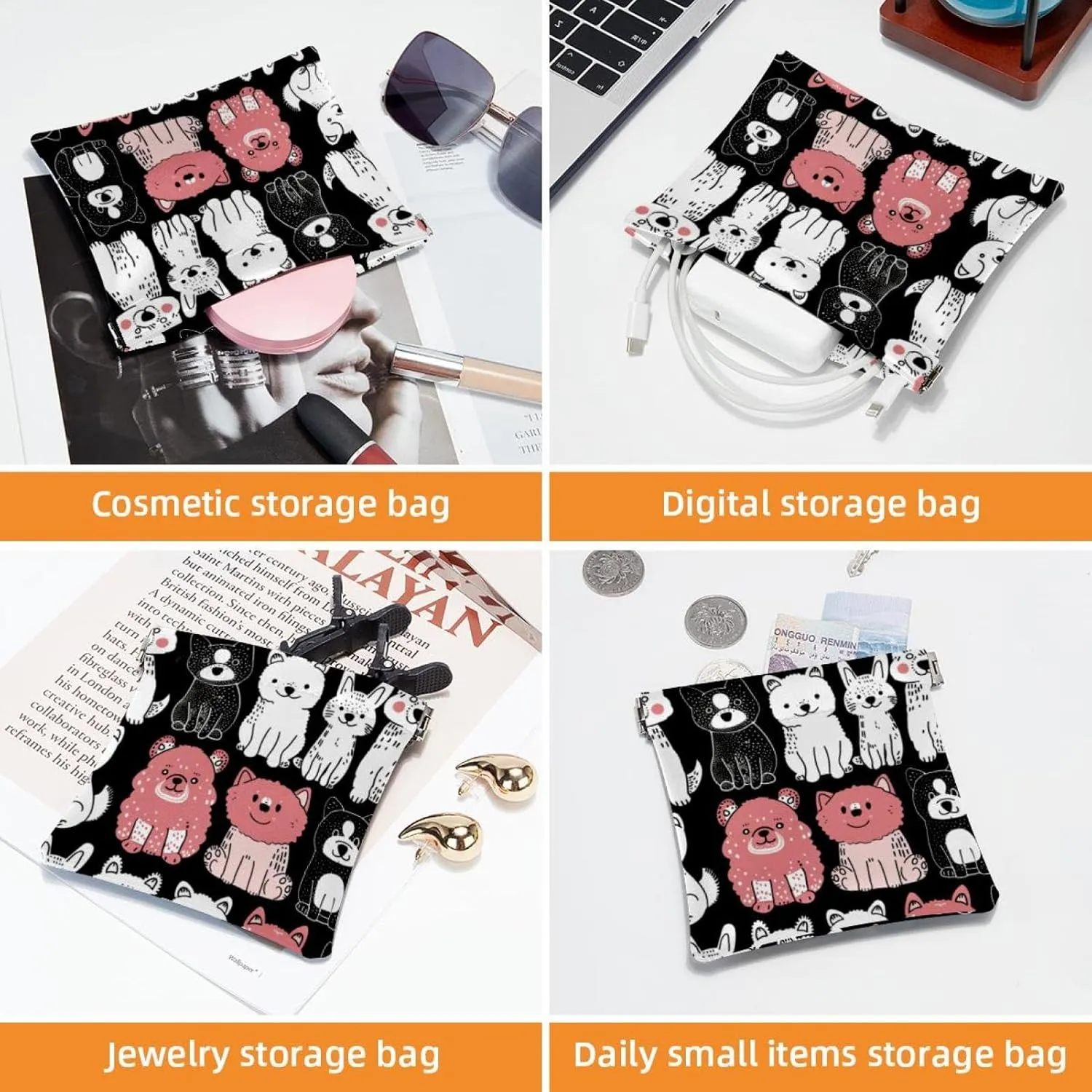 2 Piece Faux Leather Makeup Bag for Purse, Small Makeup Pouch for Purse, Waterproof Mini Bag Purse, Shrapnel Closure Jewelry Storage Bag, Sheep Cat Dog Cartoon Animal