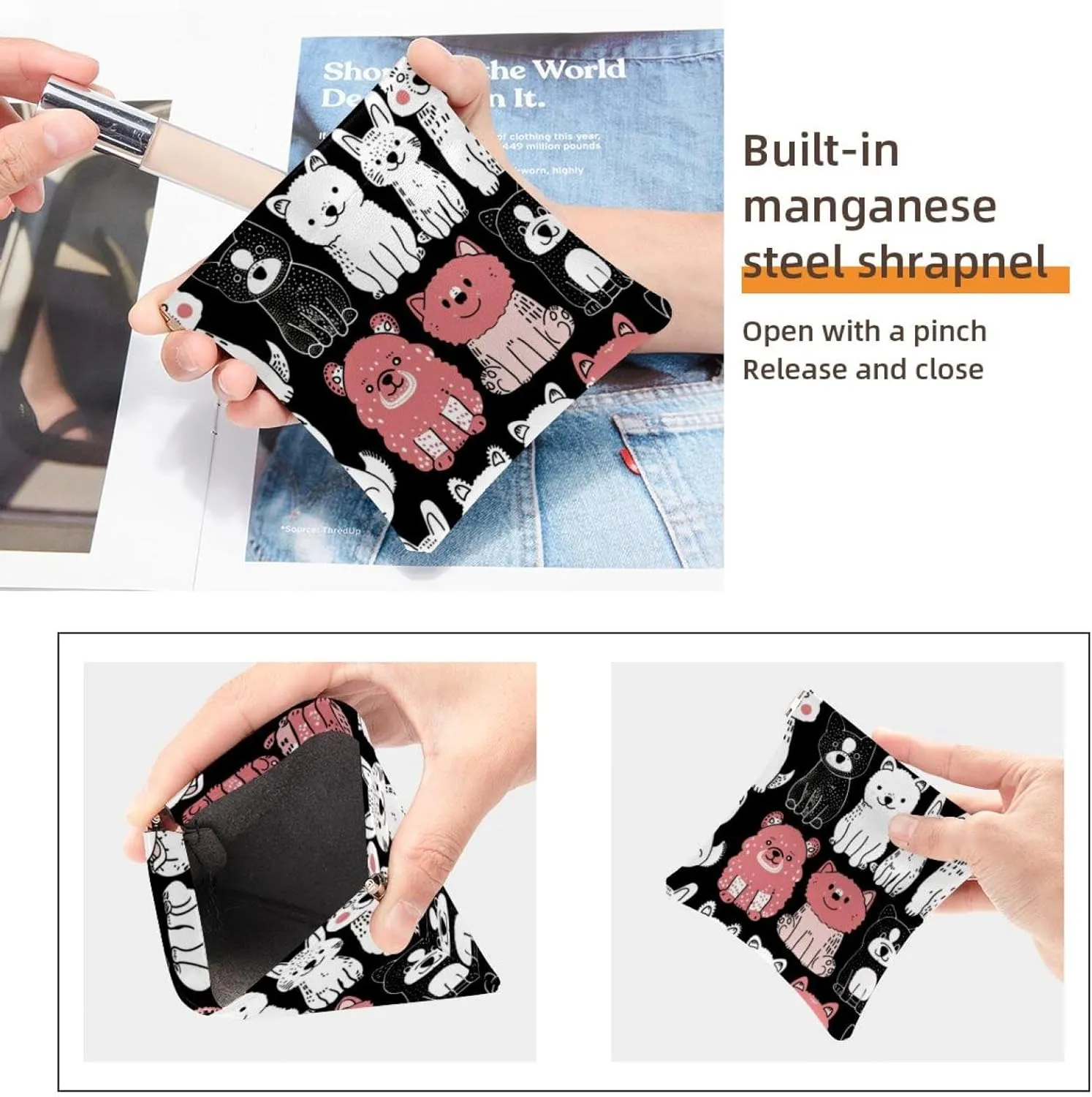 2 Piece Faux Leather Makeup Bag for Purse, Small Makeup Pouch for Purse, Waterproof Mini Bag Purse, Shrapnel Closure Jewelry Storage Bag, Sheep Cat Dog Cartoon Animal
