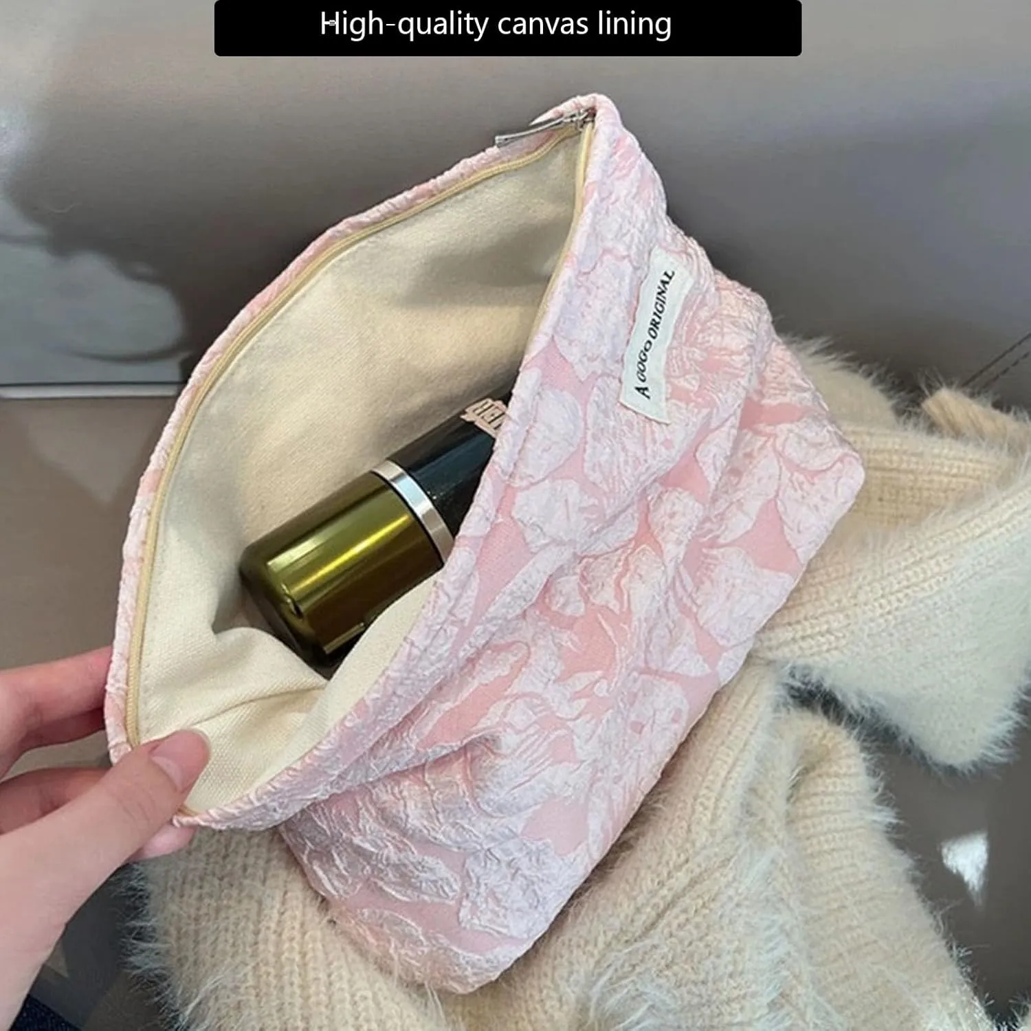 2-Piece Makeup Bag for Purse Pink Floral Cosmetic Bag Set Large Capacity Canvas Travel Toiletry Bag Organizer Cute Girl's Makeup Brushes Aesthetic Accessories Storage Bag for Women