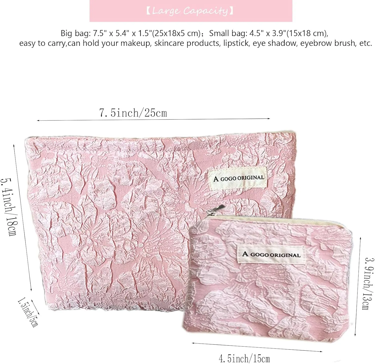 2-Piece Makeup Bag for Purse Pink Floral Cosmetic Bag Set Large Capacity Canvas Travel Toiletry Bag Organizer Cute Girl's Makeup Brushes Aesthetic Accessories Storage Bag for Women
