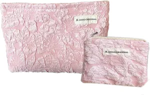 2-Piece Makeup Bag for Purse Pink Floral Cosmetic Bag Set Large Capacity Canvas Travel Toiletry Bag Organizer Cute Girl's Makeup Brushes Aesthetic Accessories Storage Bag for Women