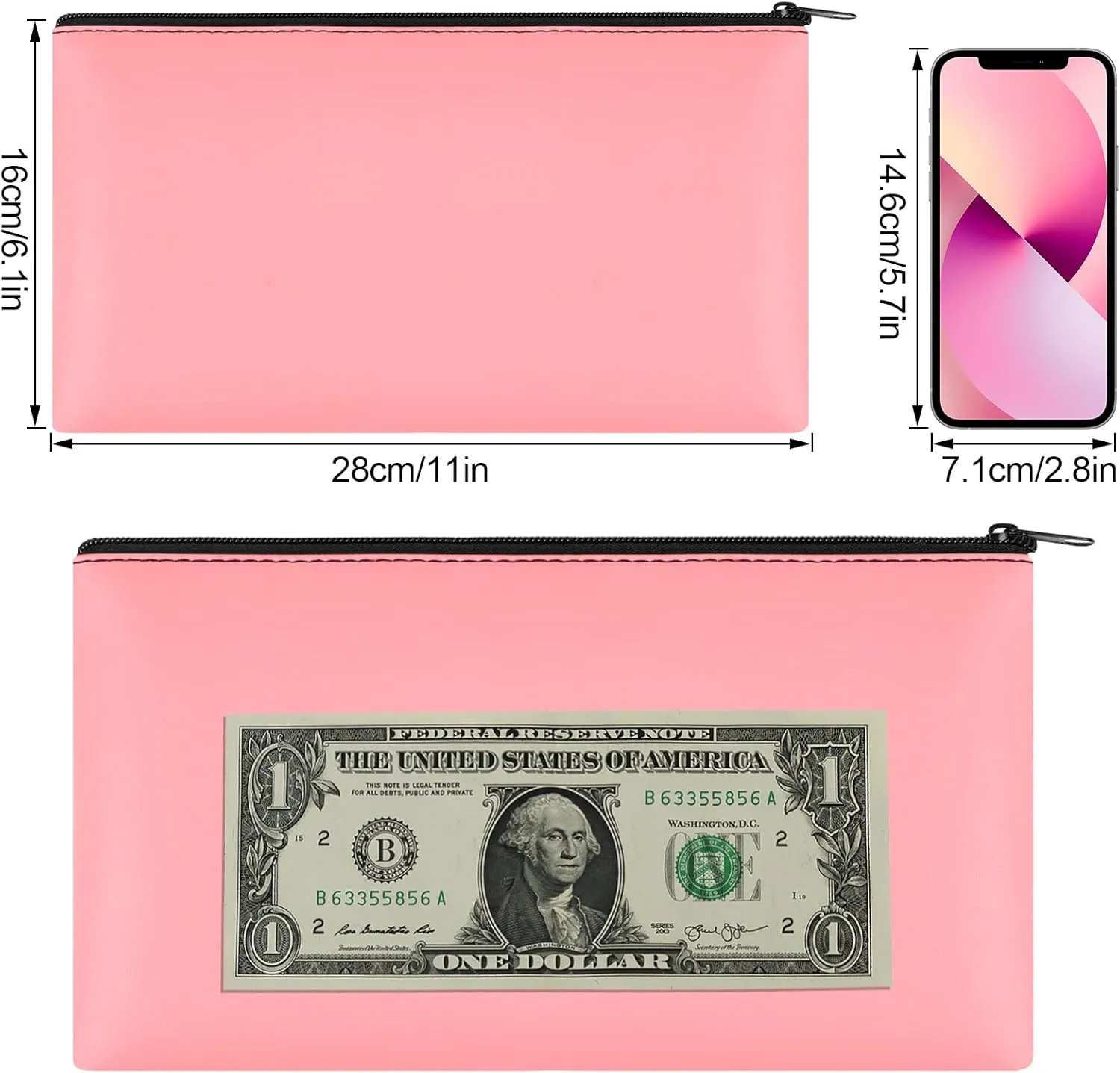2 Pieces Money Bags with Zipper, 11x6.1 inch Money Pouch, Bank Bag, Cash Bag, Check Wallet, Cosmetics(pink)