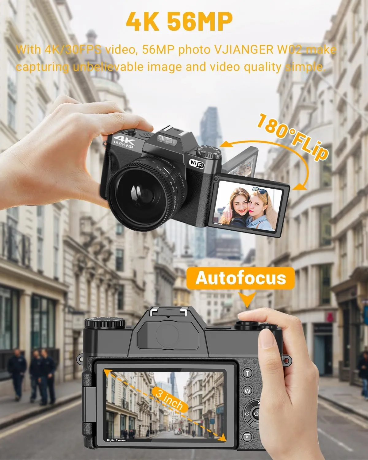 2024 Upgrade VJIANGER Digital Camera for Photography 4K 56MP Vlogging Camera for YouTube with WiFi, 180° Flip Screen, 16X Digital Zoom, 52mm Lens, 2 Batteries, 32GB Micro SD Card(Black)