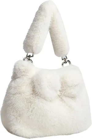 2024 Women Fall Winter Plush Tote Bag Bow Faux Mink Fur Short Handle PU Shoulder Strap Small Crossbody Bag