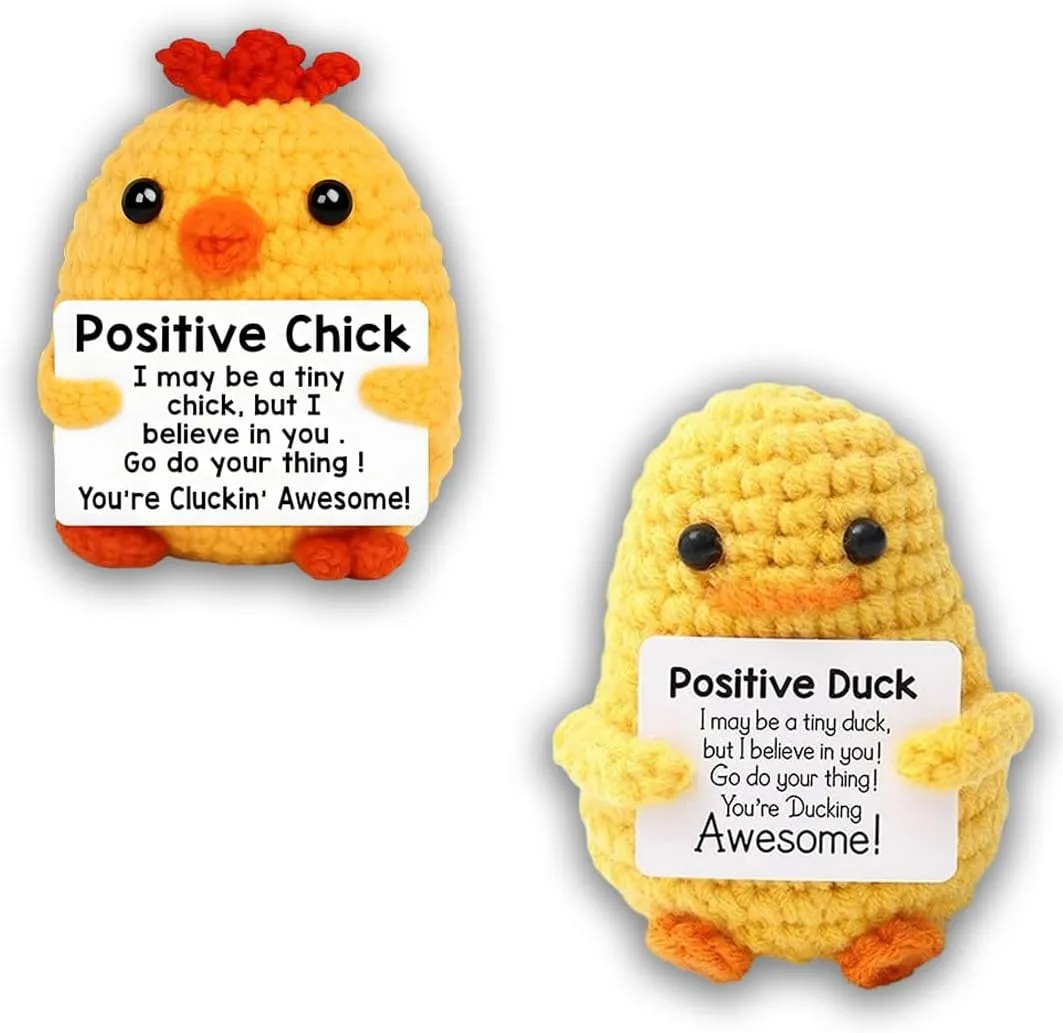 2Pcs Positive Duck Chick Funny Friend Corworker Gifts with Cards, Cute Mini Things Birthday for Women Men Emotional Support Crochet Doll Room Decors