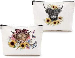 2pcs Western Cow with Sunflower Cosmetic Bag, Coquette Western Cow Makeup Bag Zipper Pouch Travel Toiletry Sunflower Gifts For Women Girls Sisters Friends