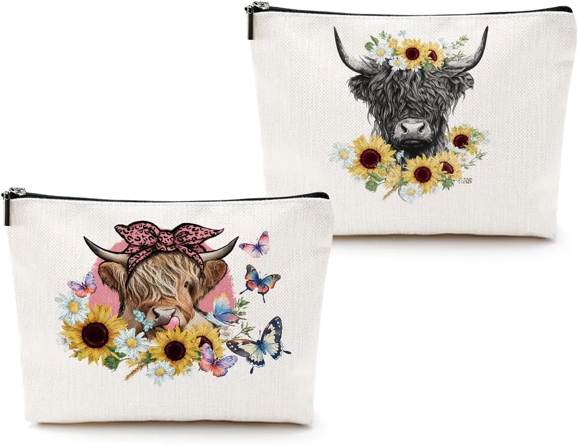2pcs Western Cow with Sunflower Cosmetic Bag, Coquette Western Cow Makeup Bag Zipper Pouch Travel Toiletry Sunflower Gifts For Women Girls Sisters Friends